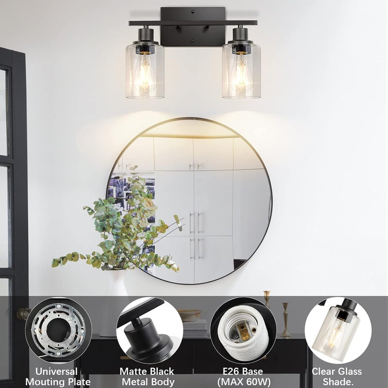 SHINETECH 2-Light Bathroom Vanity Light Fixtures, Modern Wall Lighting with Clear Glass Shade, Matte Black Finished Wall Sconce Lighting for Mirror - Image 4